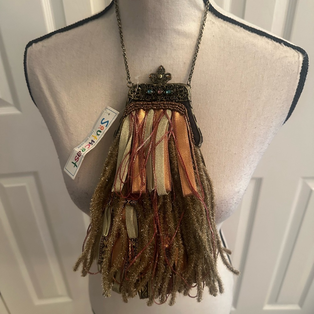 NWT Handmade Gold & Orange Ribbon Chain Purse w/Bronze Jeweled Closure